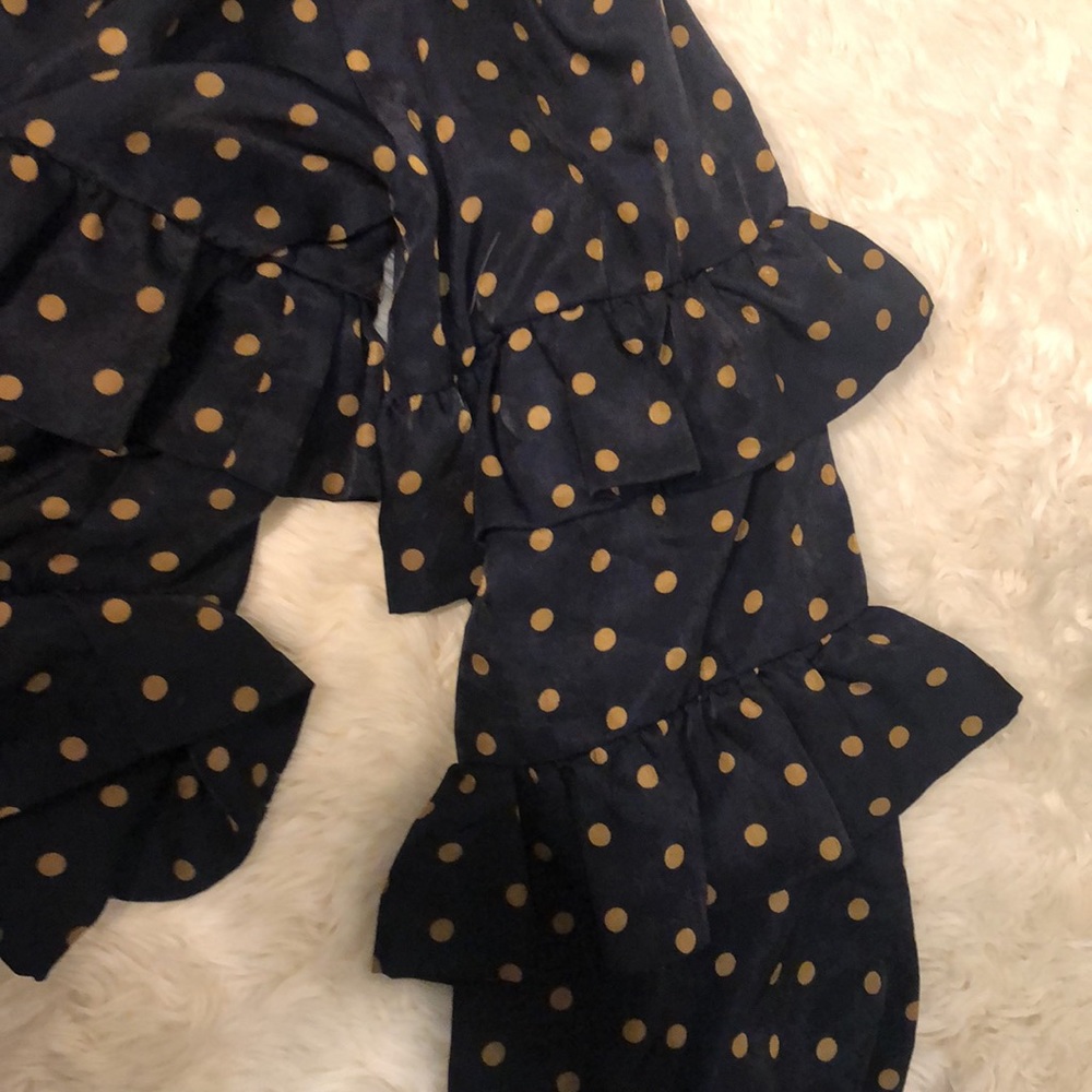 Lucca Couture Zip Up Tiered Navy w/ Tan Polka Dots Ruffle Long Sleeve Jacket Sm - Picture 7 of 10